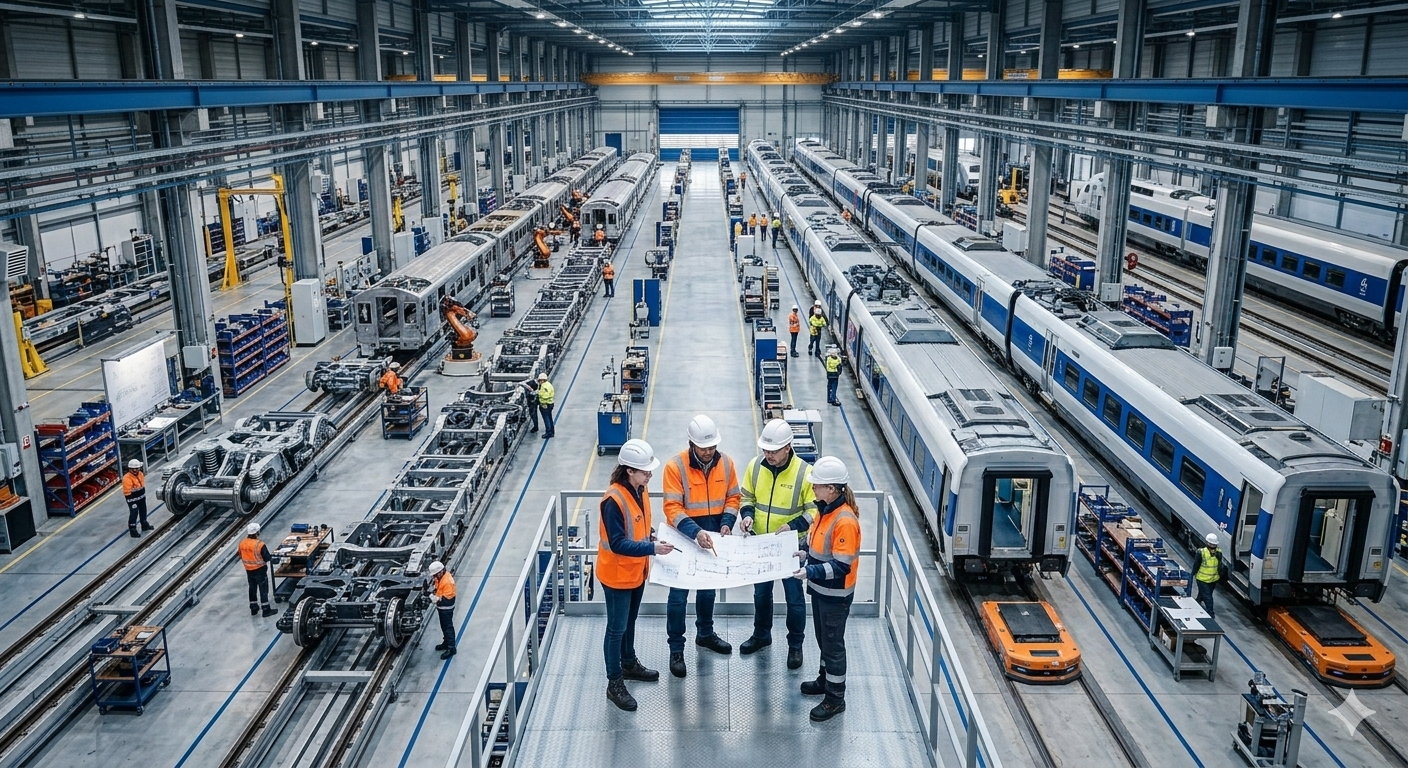 Aerial view of a modern train manufacturing plant showing multiple train carriages in various stages of production on parallel assembly lines with engineers and technicians in hard hats reviewing blueprints in a massive facility with high ceilings steel beams and bright LED lighting